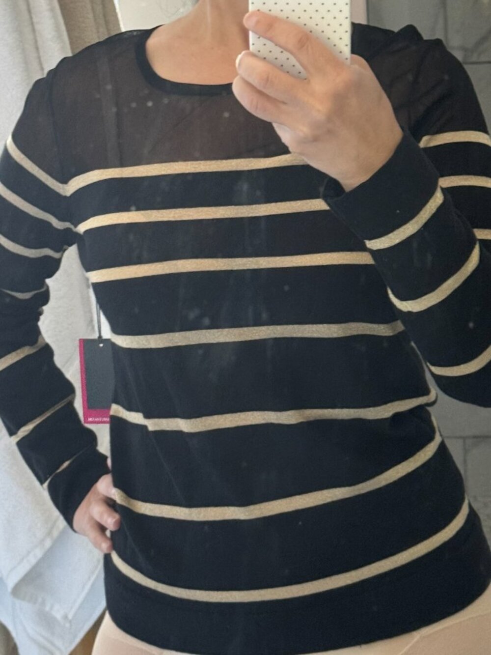 Share Vince Camuto Mesh Sheer Top Gold Striped Women's Scoop Neck Sweater Black